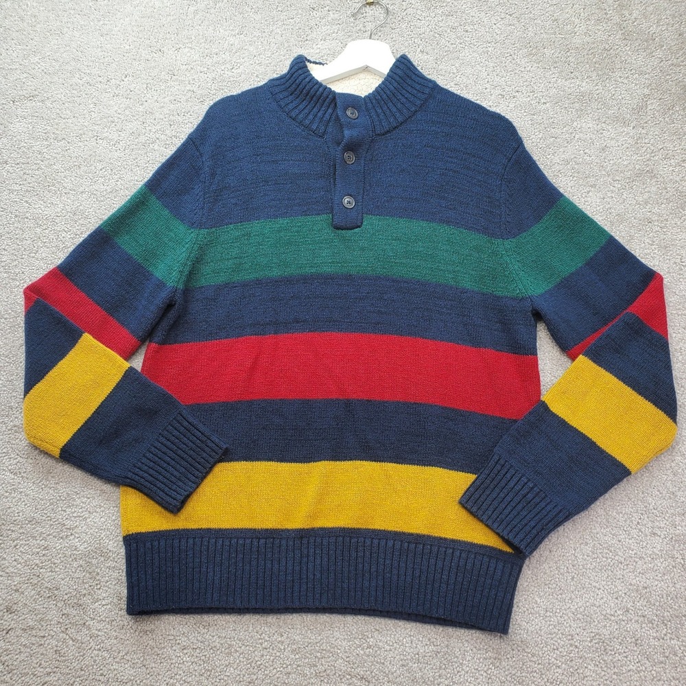Lands End Mock Neck Sweater Mens M Blue Stripe Sherpa Collar Wool Mix Cabincore